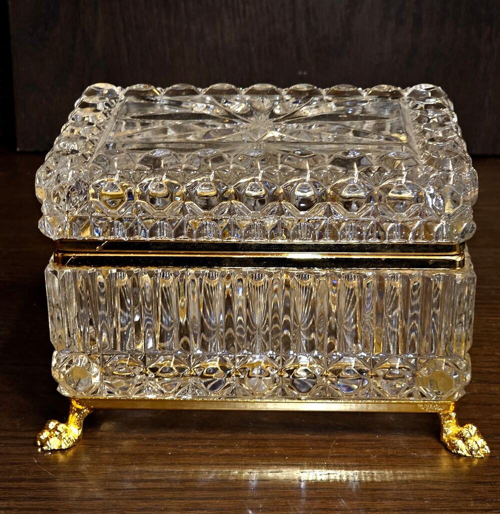 French Baccarat Style Jewelry Casket Footed Heavy Crystal Lidded Trinket Box